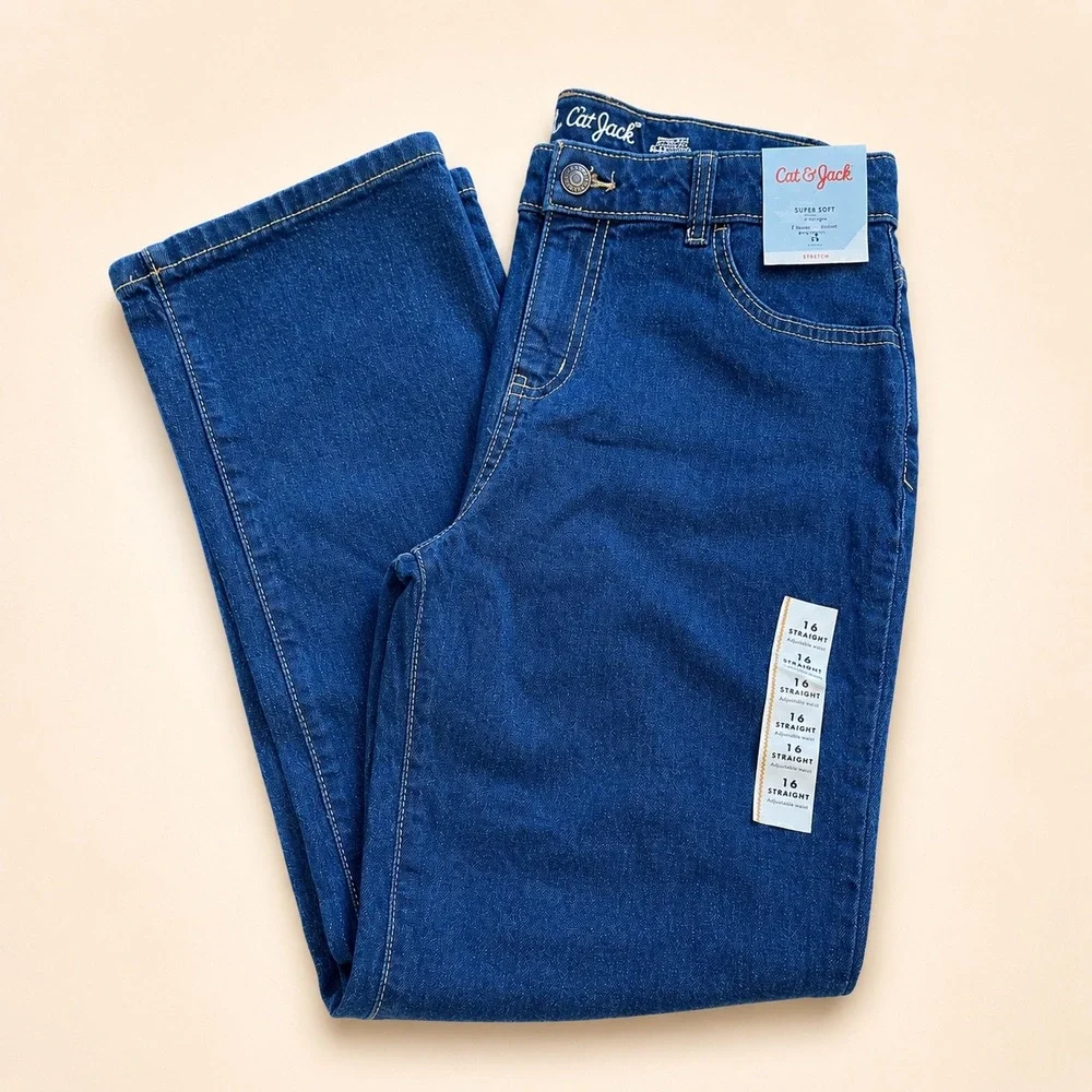 Cat & Jack Girls Kids Size 16 Straight Leg Jeans Dark Wash Adjustable Waist NWT